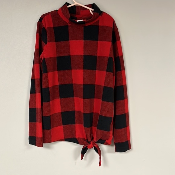Old Navy red & black plaid pullover with tie at hem, mock turtleneck, L 10/12 - Picture 1 of 7
